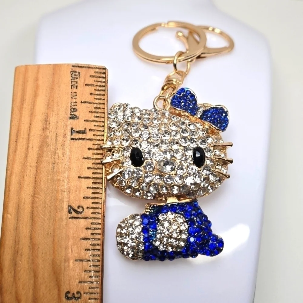 Hello Kitty Rhinestone Keychain Sapphire Blue and Gold Tone